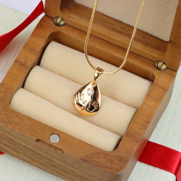 "Rose Gold Teardrop Pendant with Hand Imprint & Heart Accent Design, XPPT1382 - Picture 7 of 13